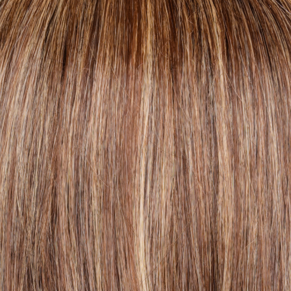 Caramel Swirl  -  This captivating shade features a blend of warm caramel ribbons, chocolate brown slices, and honey-toned blondes, creating a mesmerizing contrast of colors. The chunky and well-woven highlights add depth and dimension to the hairCaramel Swirl is complimented by beautifully blended brown roots
