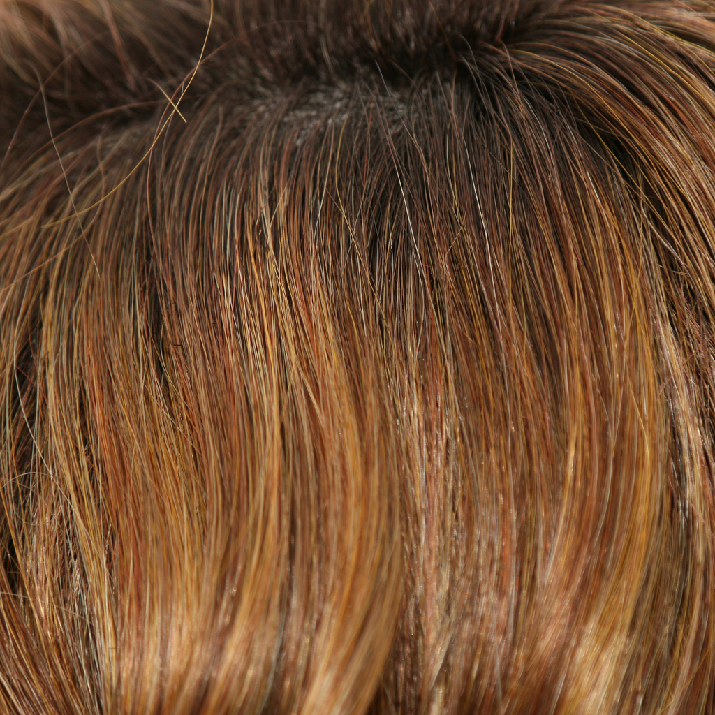 Honey Brown-R  -  A summery, rooted color that blends a sunkissed, medium brown base blended with medium honey blond highlights. The dark brown roots are added for a natural shadowed effect and warm tone that enhances the skin tone.