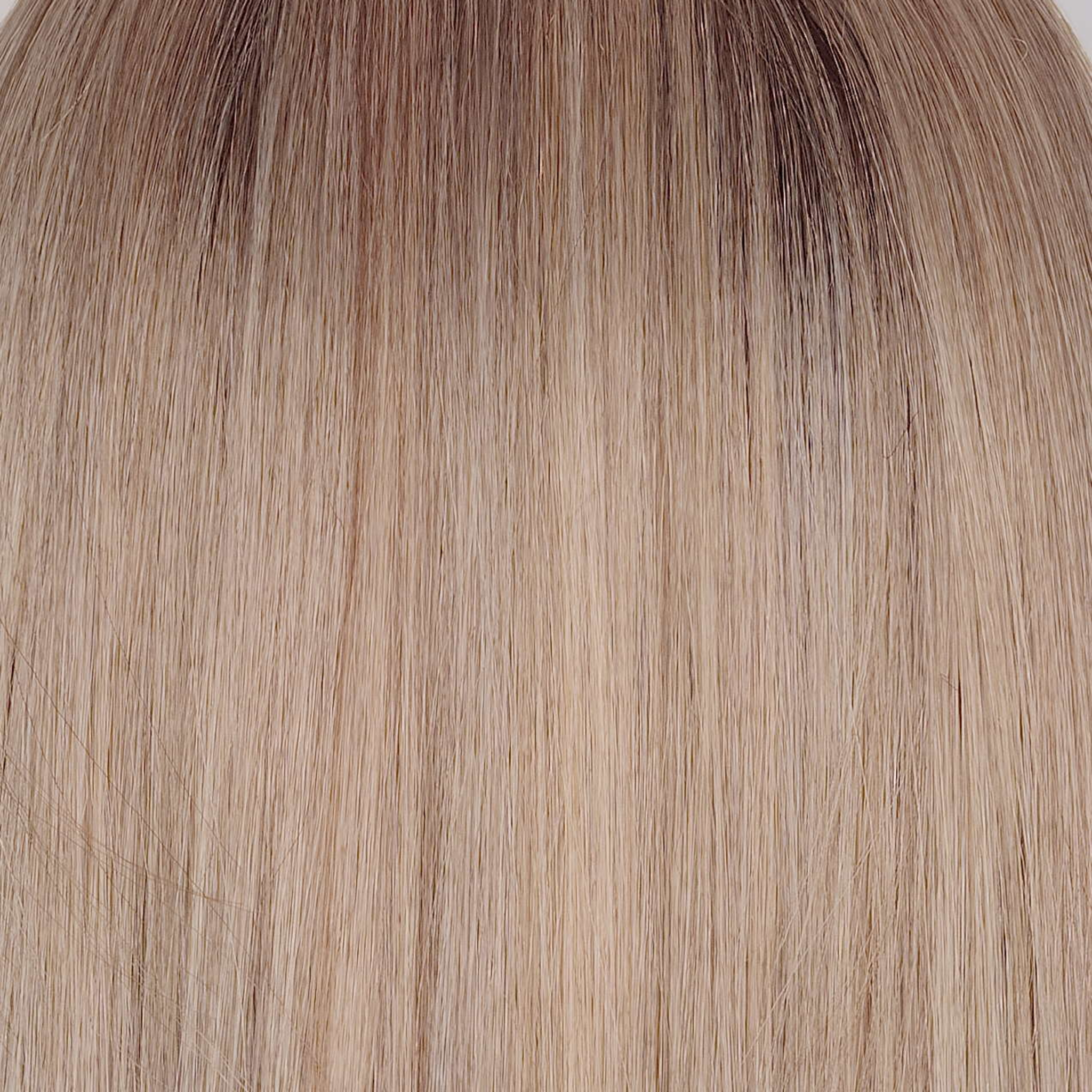 Mushroom Melange  -  A captivating mushroom blonde base accented by a mid-brown root. Multiple tones of mushroom, cream, and pale chocolate, woven together for a rich and dynamic effect. The colors transition into softer mushroom shades and subtle steel blonde tones