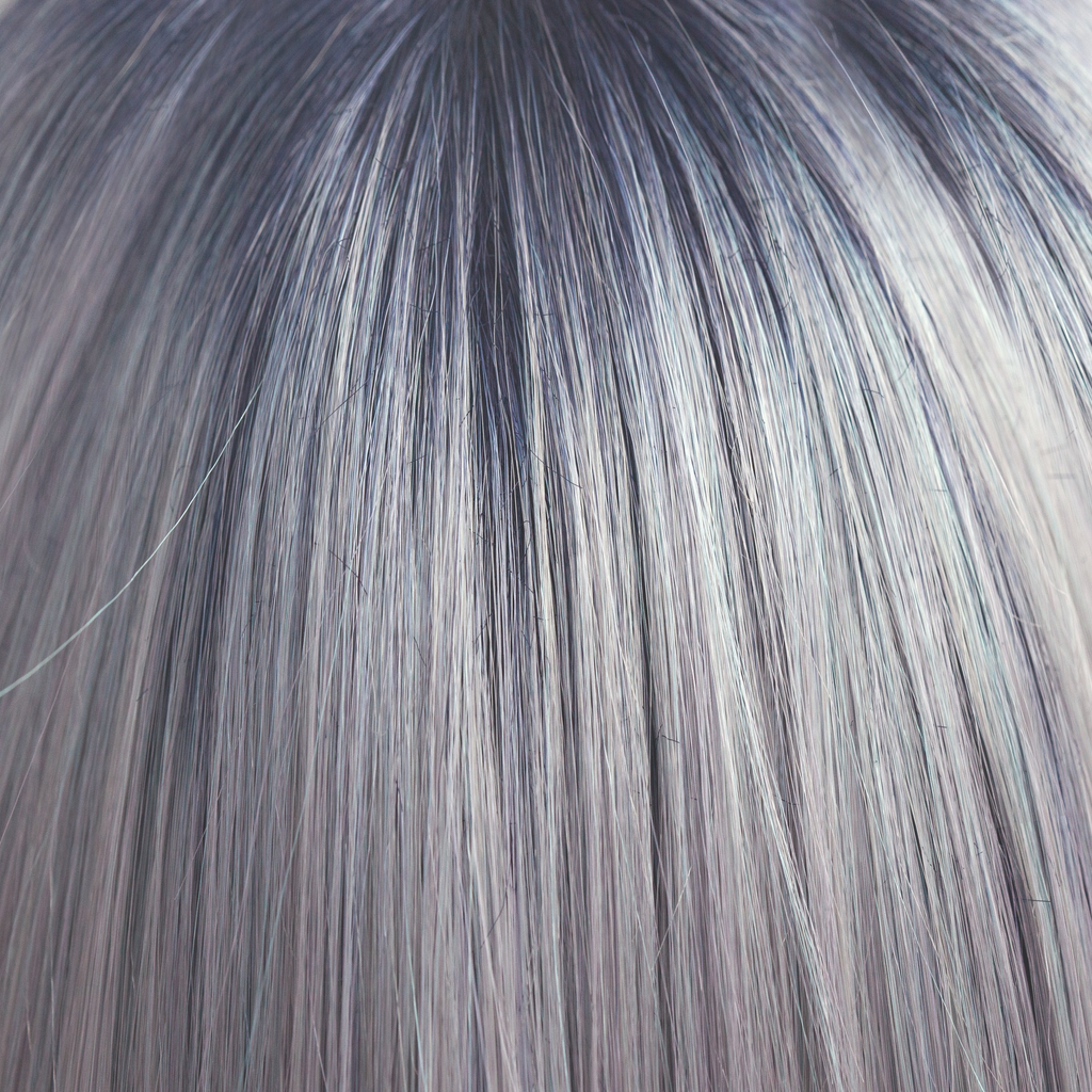 Pastel Blue-R  -  A cool pale pastel blue with hues of white. This Pastel Blue-R color has the palest of mineral blue highlights and silver shadows graduating from a dark blue sapphire root giving depth and definition.