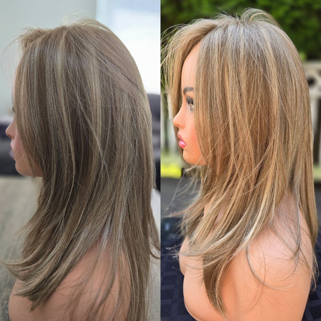 A side-by-side comparison of a layered wig on a mannequin head, showing the front view on the left and a side profile view on the right. The wig features a balayage-style highlighted look with warm golden-blonde highlights over a medium brown base.