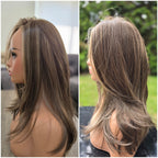 A long layered wig displayed on a mannequin head, shown from the side and back in a split-screen view. The left side shows an indoor studio view, and the right side shows an outdoor garden background.