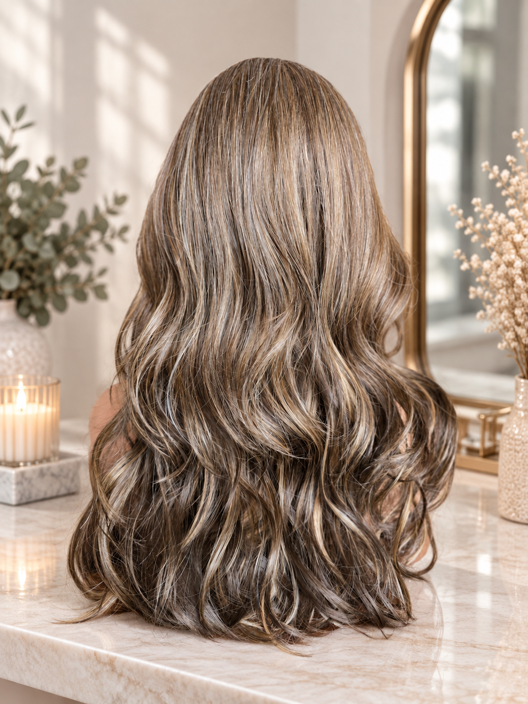 Long, wavy hair extensions or a wig shown from the back, featuring a blend of medium brown and warm blonde highlights, styled on a marble counter in a softly lit interior setting.